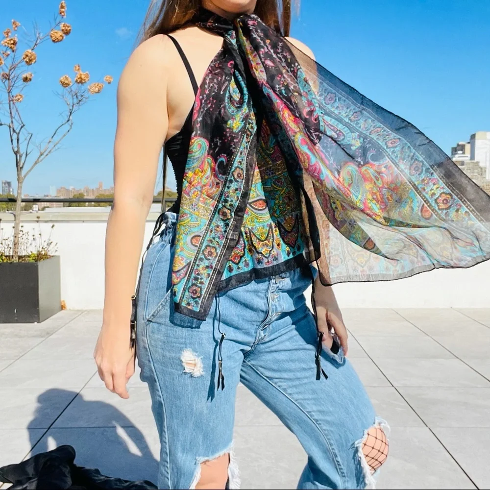 Vintage Rainbow Genuine Silk Paisley Rolled Hem Long Rectangular Women Men Scarf